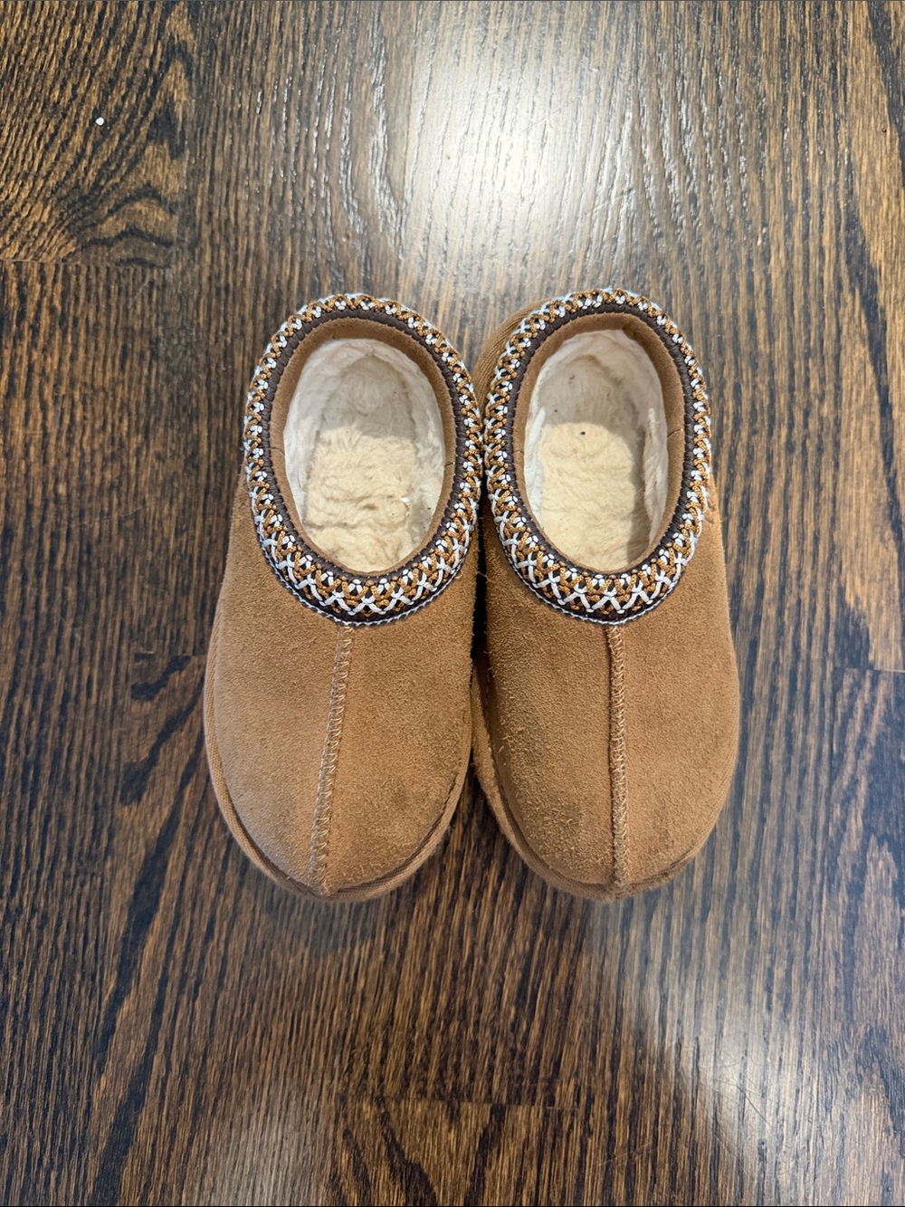 UGG Kids Chestnut Suede Slip-On Slippers with Woven Trim